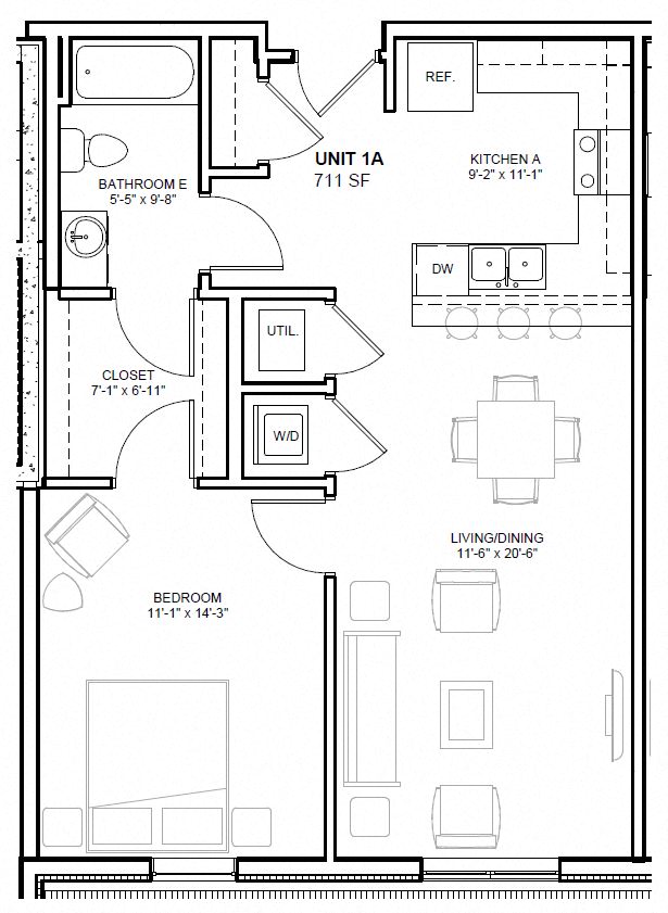 Floor plan for 1 bed, 1 bath, 845 sqft